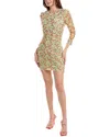 Ganni Ruched Floral-print Stretch-mesh Mini Dress In Multi
