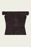Ganni Printed Mesh Off-shoulder Ruched Top In Bitter Chocolate