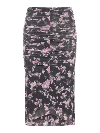 Ganni Printed Mesh Ruched Midi Skirt In Multicolour