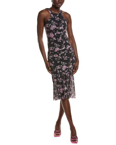 Ganni Ruched Floral-print Stretch-mesh Midi Dress In Black