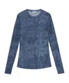 Ganni Marl Mesh Long Sleeve Crew Neck Blouse In Denim In Blue