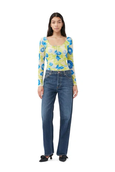 Ganni Printed Mesh U-neck Ruched Blouse In Strong Blue