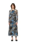 Ganni Long Sleeve Printed Mesh Wrap Maxi Dress In Silver Lake Blue