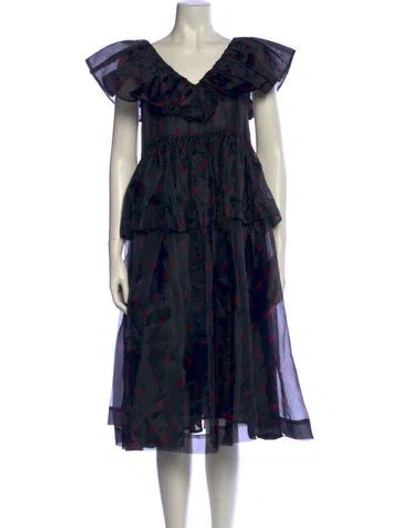 Pre-owned Ganni Printed Midi Length Dress W/ Tags In Black