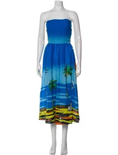 Pre-owned Ganni Printed Midi Length Dress W/ Tags In Blue
