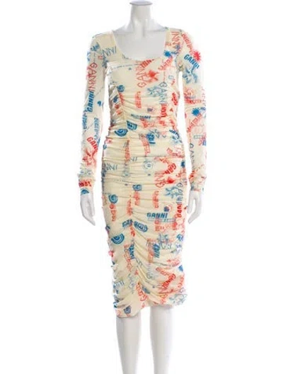 Pre-owned Ganni Printed Midi Length Dress W/ Tags In White