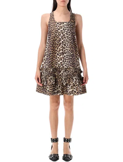 GANNI GANNI LEOPARD POPLIN MINI DRESS