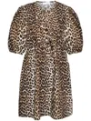 Ganni Brown Leopard Printed Cotton Tie String Minidress In Multi