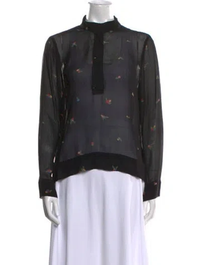 Pre-owned Ganni Printed Mock Neck Button-up Top In Black