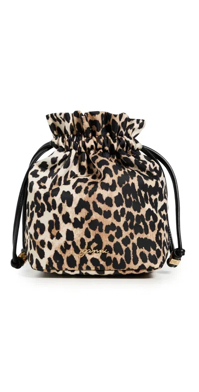 Ganni Women Printed Bou Bucket Pouch With Leopard In Brown