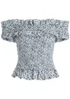 Ganni Printed Cotton Off-shoulder Smock Top In Blue