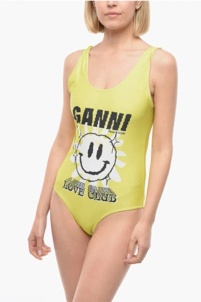 Ganni Printed One Piece Swimsuit In Yellow