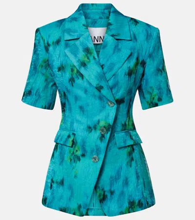 Ganni Printed Organza Blazer In Blue