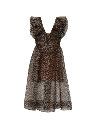 Ganni Printed Textured Organza Long Ruched Dress In Animal Print