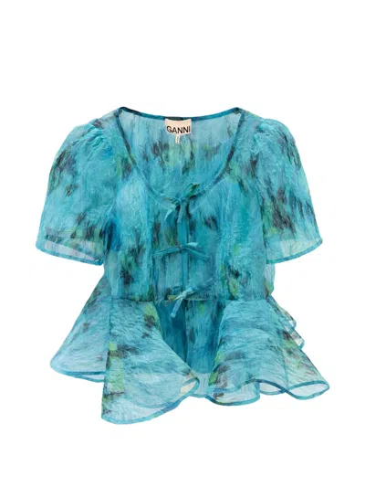 Ganni Printed Peplum Blouse In Blue