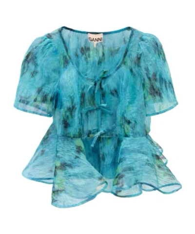 Ganni Printed Peplum Blouse In Blue