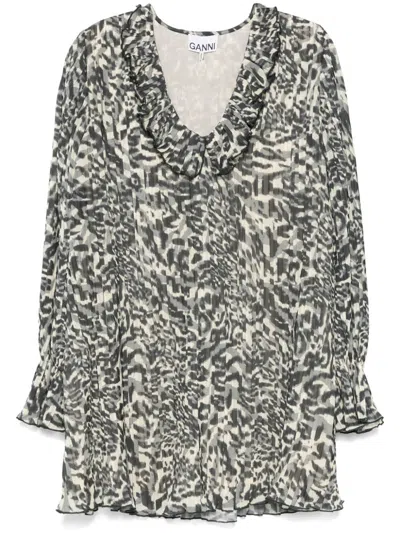 Ganni Printed Pleated Mini Dress In Black