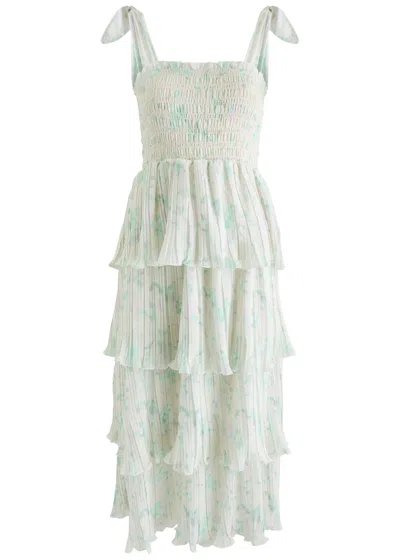 Ganni Printed Plissé Georgette Midi Dress In Beige