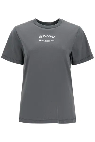 Ganni Gray Printed T-shirt In Volcanic Ash