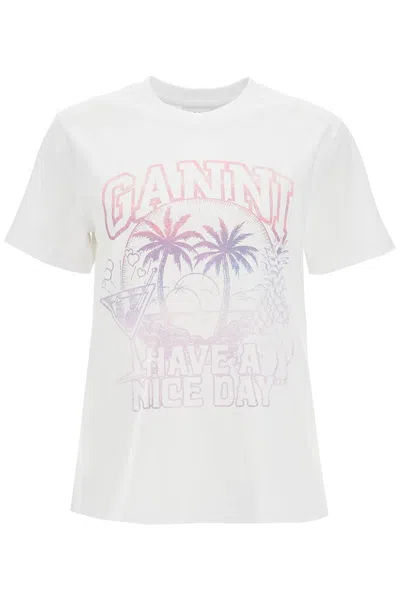 Ganni Printed Relaxed Fit T-shirt In White