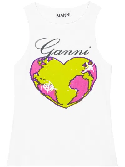 Ganni Printed Ribbed Tank Top In White