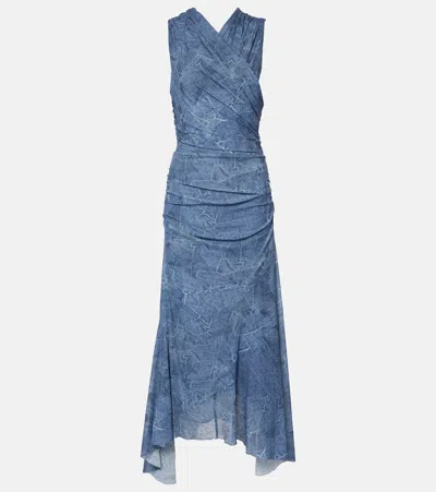 Ganni Marl Mesh Long Ruched Crossover Dress In Blue