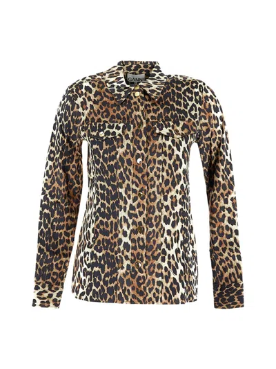 Ganni Leopard Print Canvas Overshirt In Multi