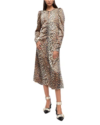 Ganni Printed Ruched Satin Dress In Leopard