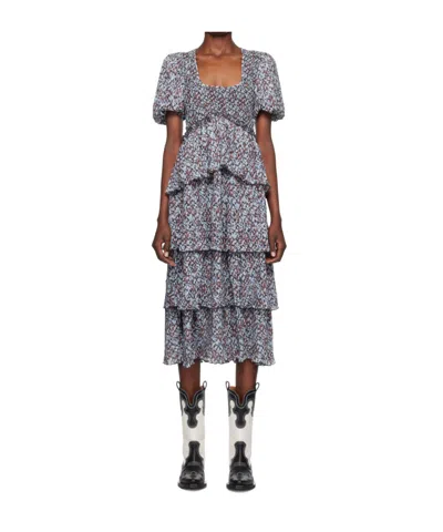 Ganni Printed Ruffled Midi Dress In Gray