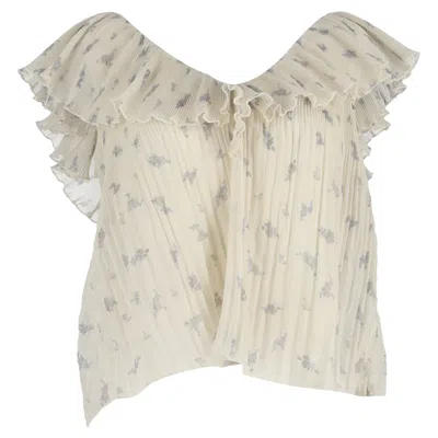 Ganni Printed Ruffled Sleeve V-neck Blouse In Cream Polyester In White