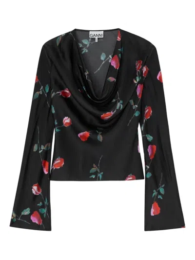 Ganni Printed Stretch Satin Blouse In Black