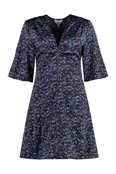 Ganni Printed Satin Dress In Black