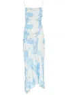 Ganni Ruched Asymmetric Printed Recycled-satin Midi Dress In Light Blue