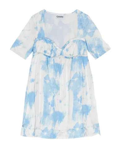 Ganni Ruffle-trimmed Tie-dyed Stretch-satin Mini Dress In Bleu