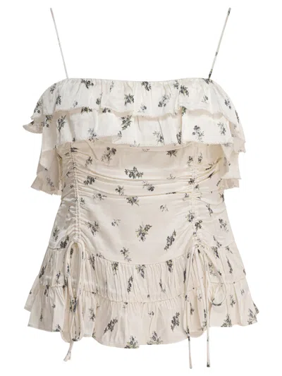Ganni Printed Satin Slip Top Tops In White