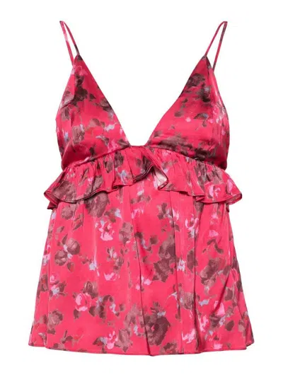 Ganni Floral-print Satin Top In Silver