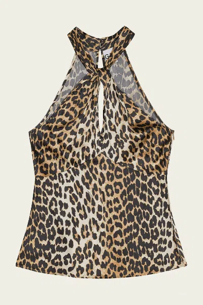 GANNI PRINTED SATIN TOP IN LEOPARD