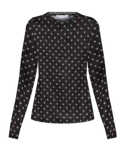 Ganni Sheer Polka Dot Long Sleeve Crew Sweater In Multi