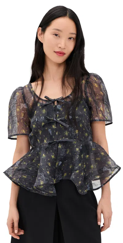 Ganni Printed Shibori Organza Sun Cut Peplum Blouse Black Sand