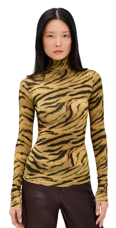 Ganni Women's Tiger-stripe Jersey Turtleneck Top In Brown