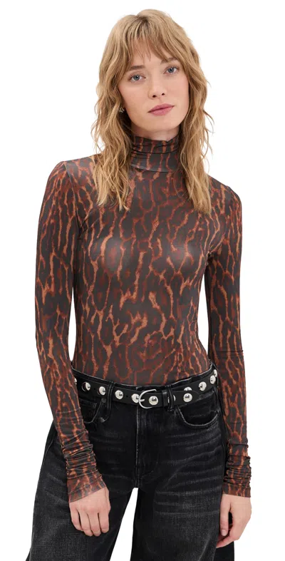 Ganni Printed Shiny Jersey Turtleneck Rawhide In Brown