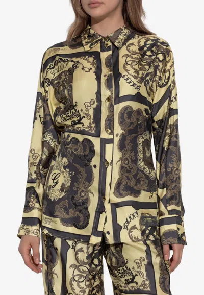Ganni Printed Silk Long-sleeved Shirt In Brown