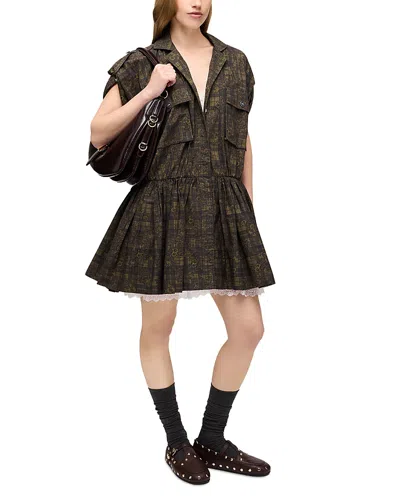 Ganni Printed Stretch Cotton Blend Dress In Brown