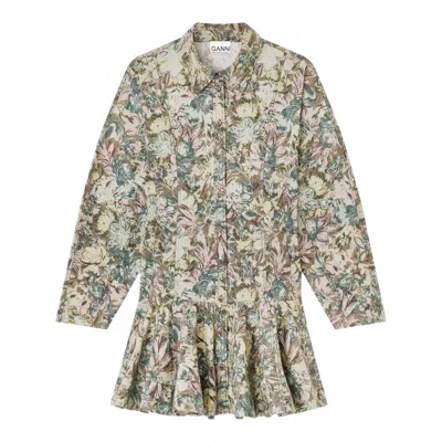 Ganni Printed Stretch Cotton Button Dress In Multi