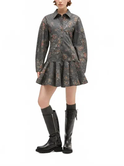 Ganni Printed Stretch Cotton Buttoned Mini Dress In Phantom In Animal Print