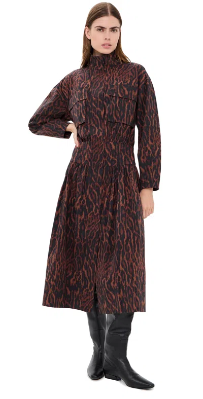 Ganni Printed Stretch Cotton Long Utility Dress Rawhide In Burgundy
