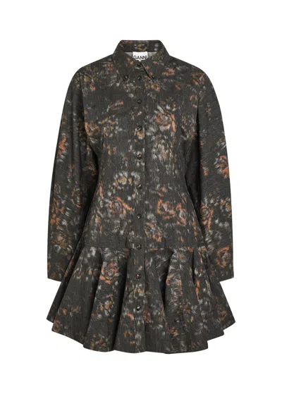 Ganni Printed Stretch-cotton Mini Shirt Dress In Black