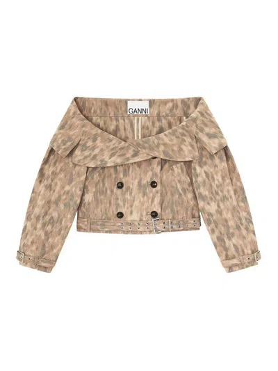 Ganni Printed Stretch Cotton Open Collar Jacket In Brown
