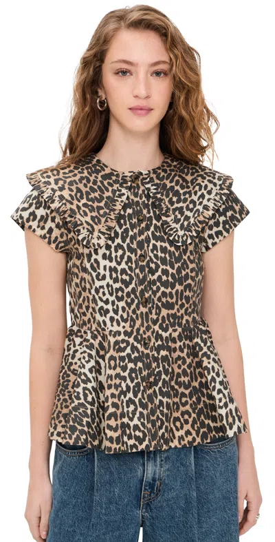 Ganni Printed Stretch Cotton Peter Pan Collar Shirt Almond Milk In Brown