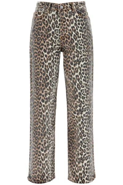 GANNI PRINTED STRETCH DENIM WIDE-LEG JEANS